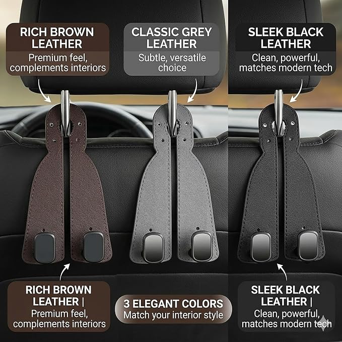 2 Pack Leather Car Seat Back Double Hooks - Heavy Duty Metal Core Headrest Hangers for Purses, Bags & Groceries - Anti-Drop & Scratch-Free Auto Interior Organizer Holder (Brown)