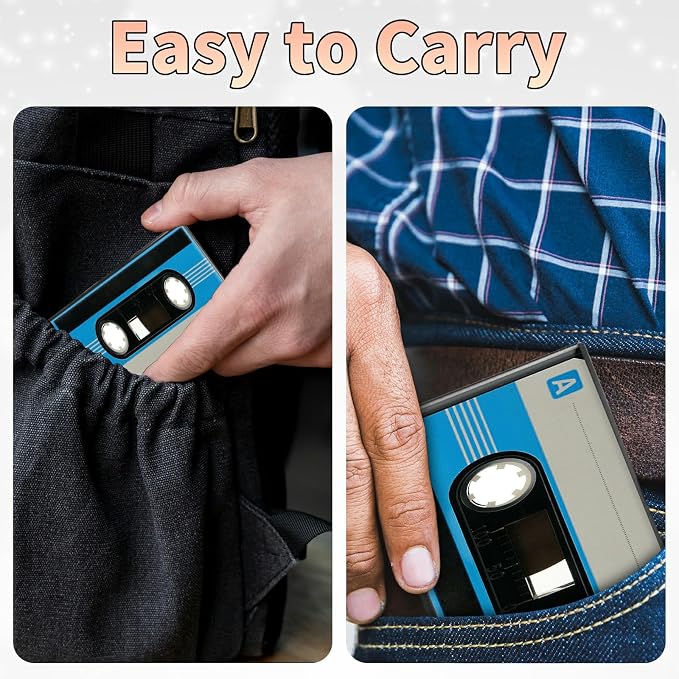 Slim Credit Card Holder, Blue Cassette RFID Blocking Metal Wallet for Men & Women, Aluminum Minimalist Hard Case Pocket-Sized Business Cards Organizer (Fits Up to 10 Cards)