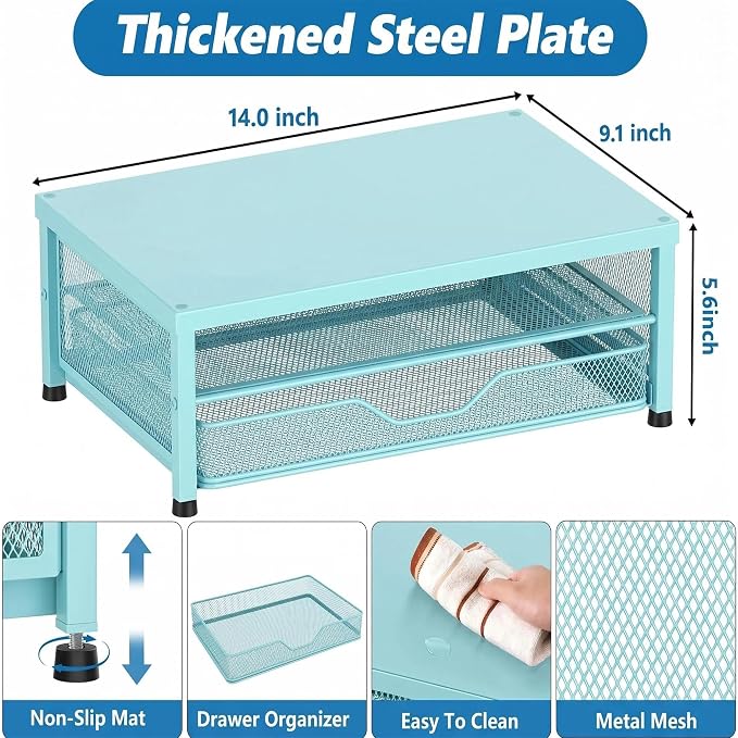 OPNICE Computer Monitor Stand Riser, Desk Organizer with Drawer, Printer & Laptop Stand, Office Desk Accessories & Workspace Desktop Organizers Storage for Office Supplies(Blue)