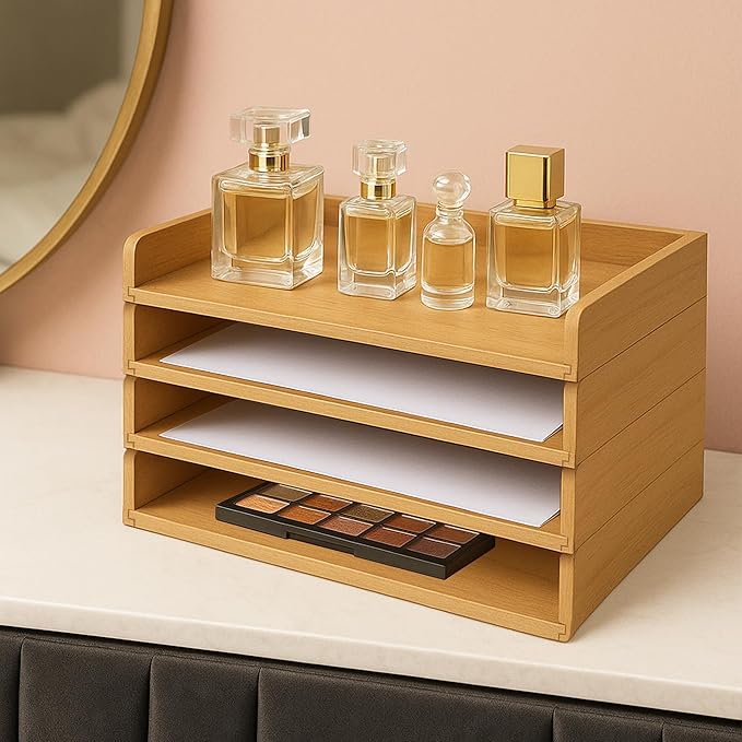 PROLEE Wooden Paper Tray Organizer for Desk, Stackable Paper Holder and Letter Tray, 4-Tier Desktop File Storage Rack for Study,Home and Office (Oak, 14" x 9.5" x 2.5")