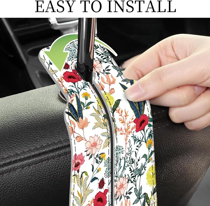 PU Leather Car Seat Hook, Storage Headrest Hanger, Cute Car Backseat Organizer, Car Hooks For Purses and Bags Colorful Wildflowers White
