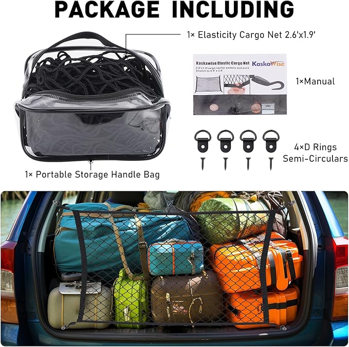 Kaskawise Elastic Cargo Net for SUV,Universal Truck Net Organizer with Storage Bag,32"x24" Stretch to 56"x42" Small Cargo NetBungee Mesh Cargo Hold for Car,Truck,Pickup,RV,Road Trip Essentials