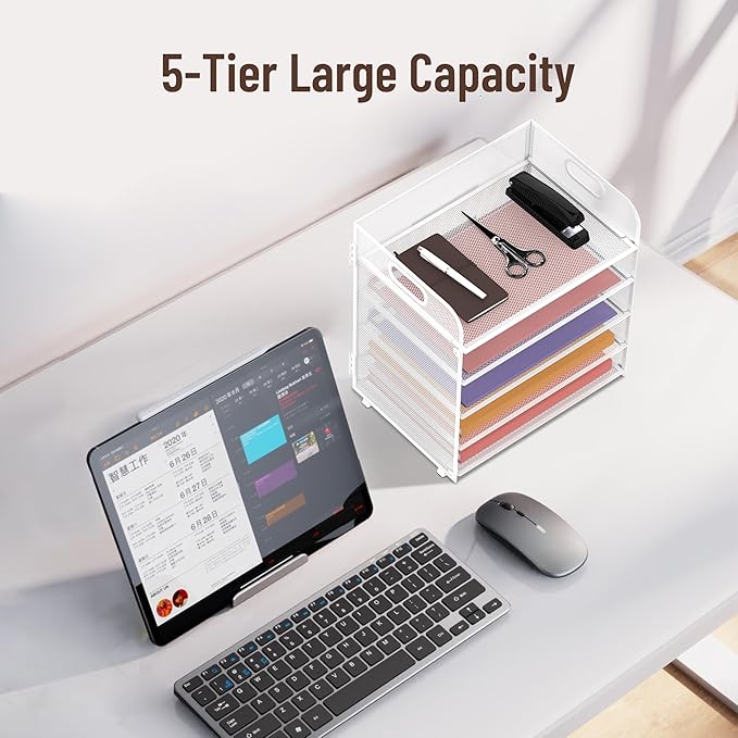 2 Pack 5-Tier White Desk Organizer with Handle Mesh Desk File/Paper Organizer Letter Tray for Office, School and Home Easy Installation