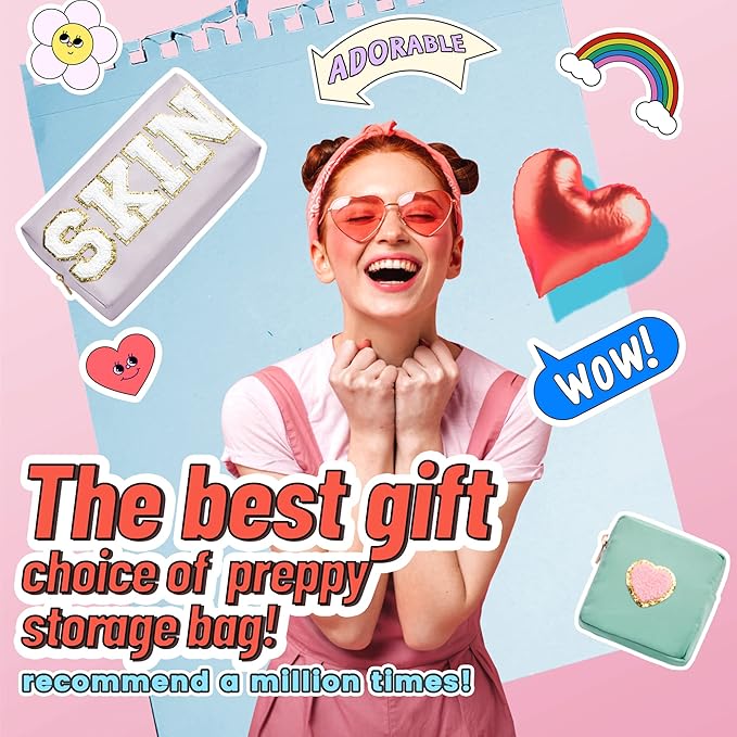 Preppy Patch Skin Makeup Bag for Travel, 2 PCS Chenille Letter Cosmetic Sunscreen Bag, PU Waterproof Beach Bag Pouch Organizer,Gift for Women Girls