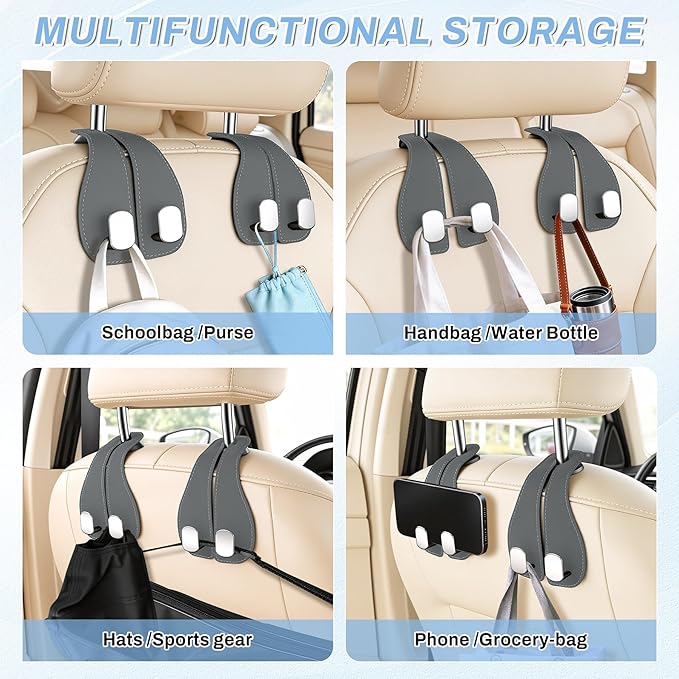 SINGARO 2PCS Car Purse Holder Hook, Seat Back Storage Hook, Leather-Wrapped Alloy Double Headrest Hook for Purses & Bags, Cute Car Interior Accessories for Women and Men, Gray