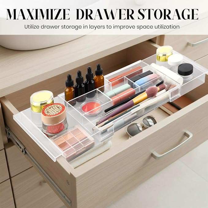 4pack Shallow Expandable Drawer Organizer, Adjustable 12.5”–20” Clear Plastic Drawer Organizer Tray for Vanity Bathroom Desk Kitchen Drawers, Multi Compartment Storage