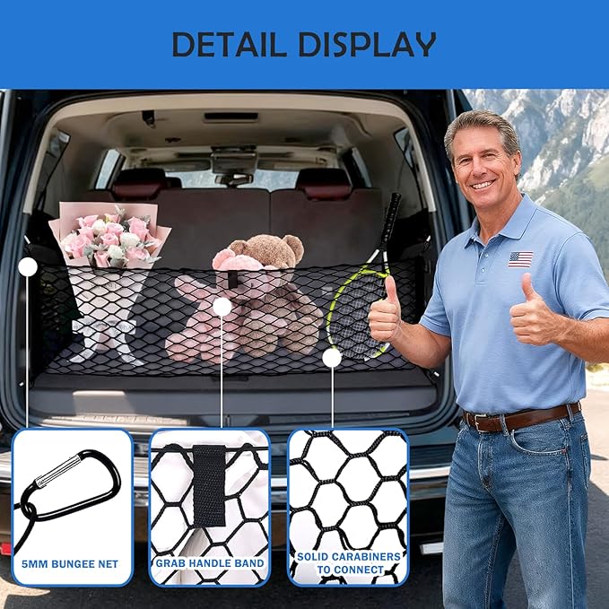 Envelope Style Caro Net for 2015-2020 GMCYukon/Chevy Tahoe/Suburban Accessories, Rear Trunk SUV Mesh Cargo Net, Upgraded 5mm Bungee&Double-Layer Nylon Storage Netting Grocery&Tools Holder Organizer