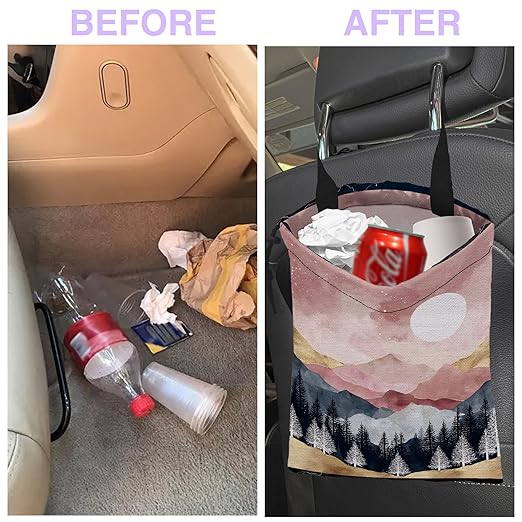 Car Trash Bag Forest Mountain Moon Landscape Car Trash Bin Leakproof Waterproof Car Trash Can for Back Seat, Foldable Car Garbage Bag with Adjustable Straps and Drawstring for Car Accessories