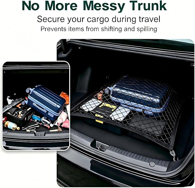 Car Trunk Cargo Net, 31.5" x 23.62" Highly Elastic Trunk Net Organizer with Hooks, Adjustable Mesh Cargo Storage Nets, Universal for SUVs, Cars and Trucks (Black)