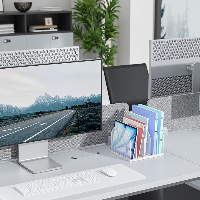 gianotter Desktop File Organizer, Desk Organizer with 5 Compartments, Paper Organizer for Desk, Workspace Organizers for Office Supplies (White, Upright Style)
