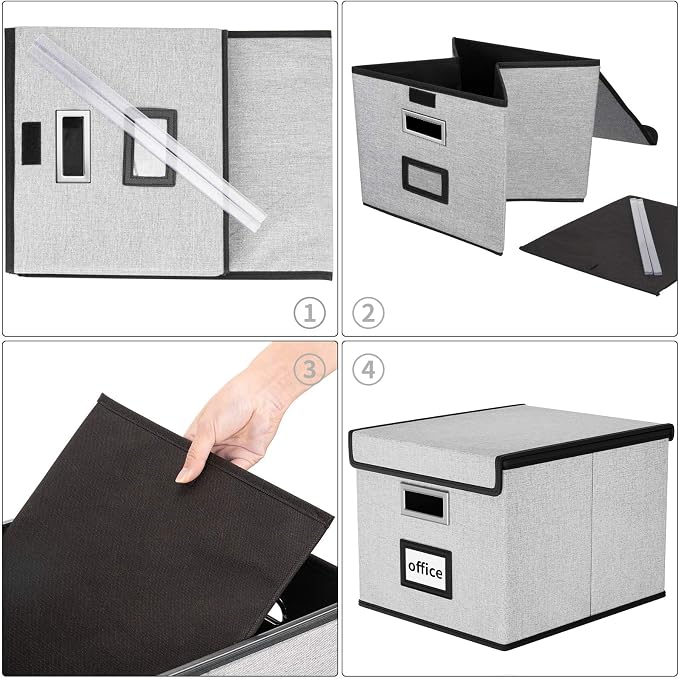 Upgraded Portable File Organizer Box with Lid, Collapsible Linen Hanging Filing Storage Boxes with Plastic Slides, Decorative Home/Office Filing System Box for File and Folders Storage (Gray)