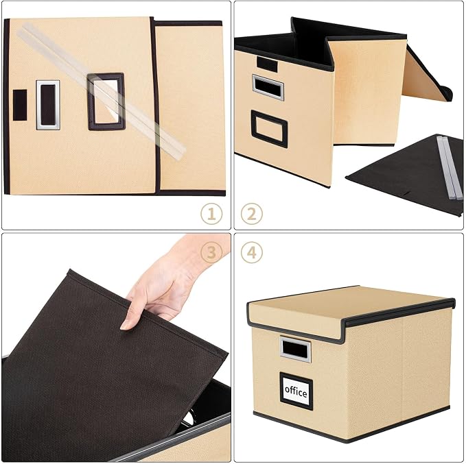 File Organizer Box with Lid, Collapsible File Folder Organizer for Office Document Storage, Filing Box with Plastic Slide for Letter/Legal Size Hanging Files, Brown, 2 Pack