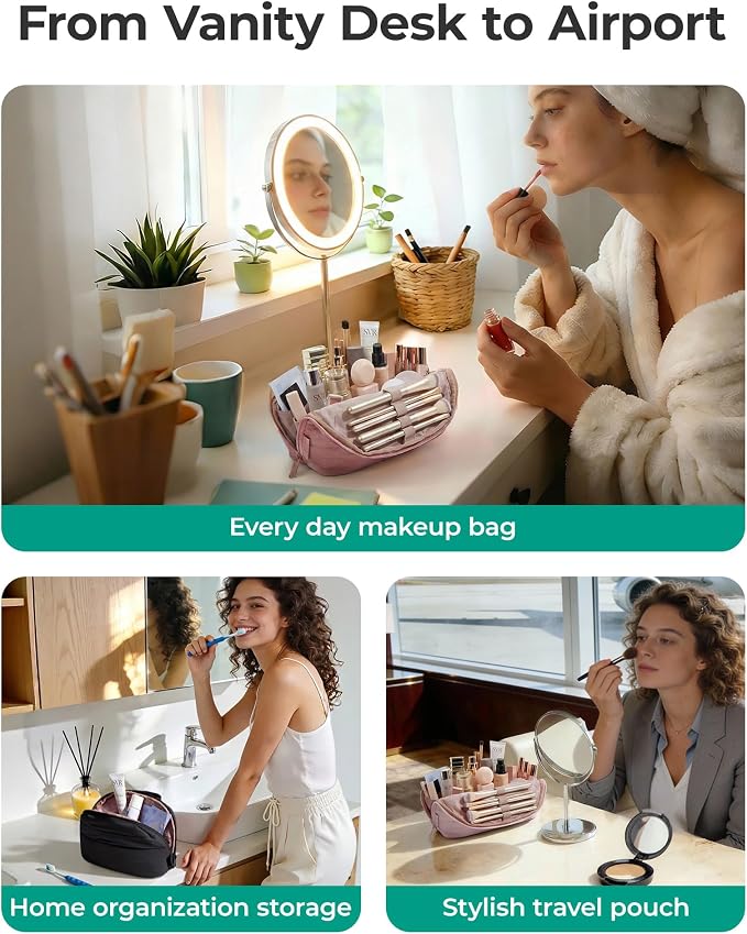 BAGSMART Travel Makeup Bag for Women, Portable Fold-down Cosmetic Case, Puffy Padded Make Up Organizer Pouch, Water-resistant Toiletry Bag for Toiletries, Brushes (Leopard Print)