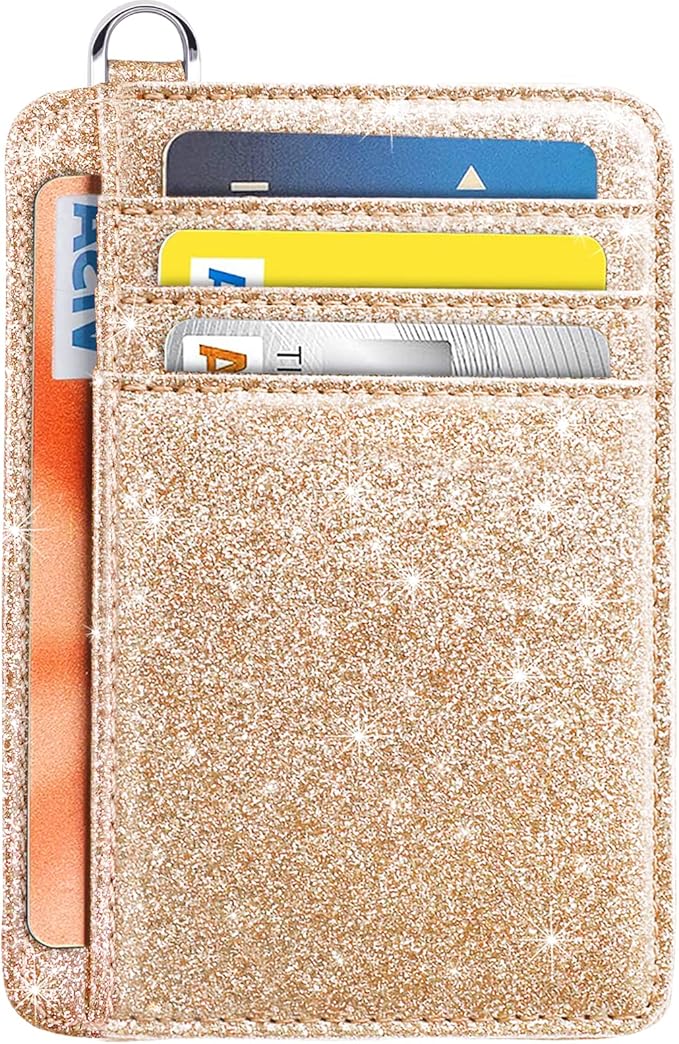 Coco Rossi Slim Front Pocket Wallet RFID ID Card Holder Cute Small Wallet with Keychian for Women,Champagne Gold Glitter