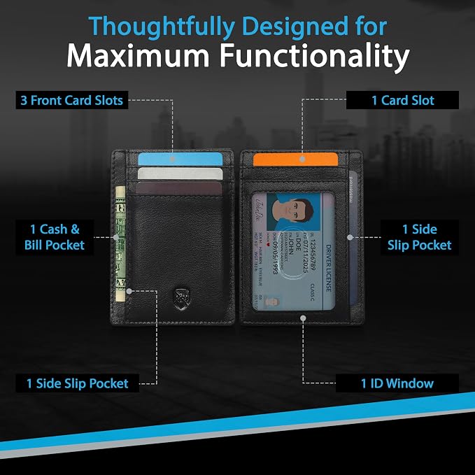 ALLEN & MATE 100% Genuine Leather Slim Minimalist wallet RFID Blocking Card Holder Wallets for Men & Women - Holds 7 Cards, ID & Cash with Gift Box (Black)
