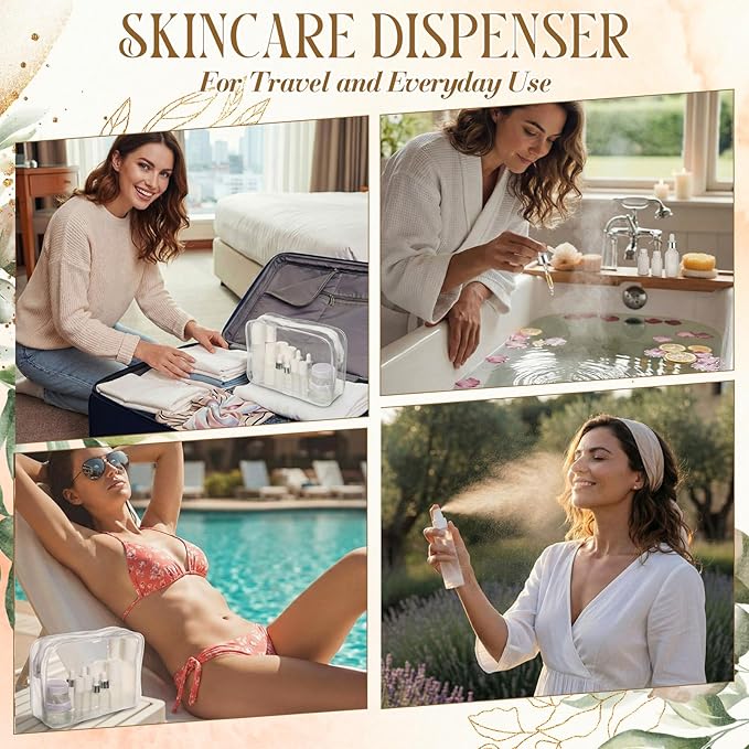 Blushtier 27 Pack Travel Skincare Containers Set 0.4/0.51/0.68/1.7oz Portable Travelling Size Bottles Toiletries Leak Proof Refillable Liquid Essentials with Toiletry Bag for Cosmetic Shampoo