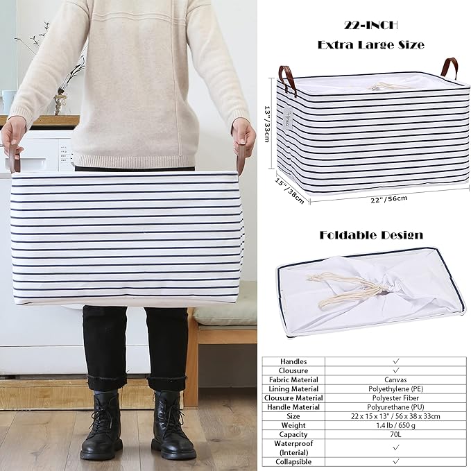 Hinwo 70L Extra Large Storage Bins, 6-Pack Closet Organizers and Storage, Foldable Clothes Storage Baskets with Handles, Containers for Clothing, Blanket, Comforters, Toys, Bedding (Gray)