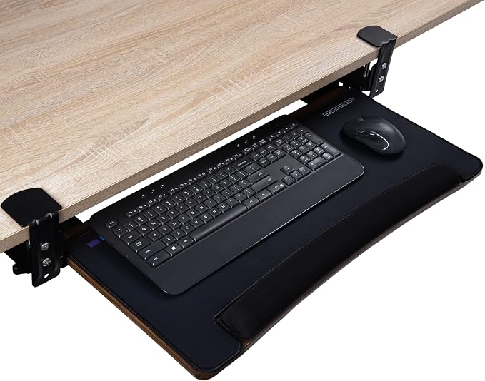 D'vine Dev Keyboard Tray Under Desk with Wrist Rest, Bamboo Wood Keyboard Drawer with Full Size Keyboard and Mouse Pad, Walnut Color, KBTY-2