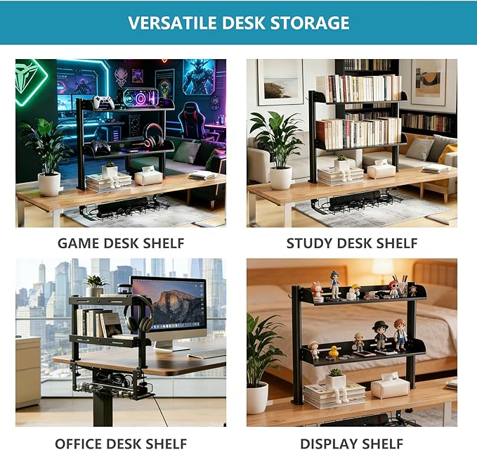 Clamp on Desk Shelf,3 Tier Desktop Organizer,Adjustable Clamp on Desk Top Organizer with Under Desk Hidden Storage Basket&Hooks,No Drilling Desk Clamp Storage Shelves for Working Gaming Accessories