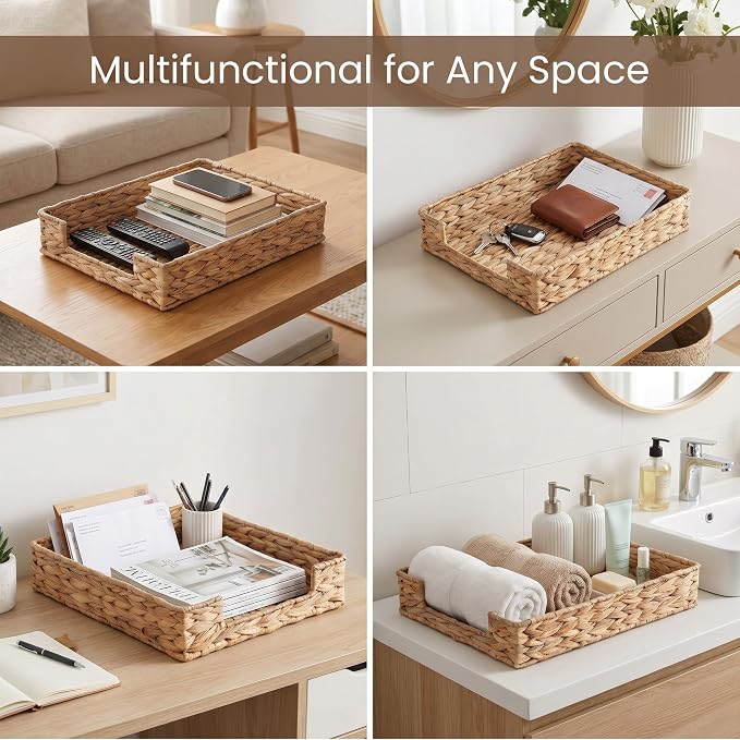 Letter Tray Water Hyacinth, Wicker Desk Organizer for Office Supplies Mail | Desk Tray Organizer for A4 Paper, Magazine, Jewelry Cosmetics, Paper Holder Storage Basket for Office, School, and Workspace