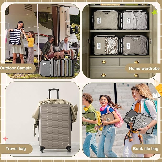 7 Pcs Packing Cubes for Travel Days of Week Compression Packing Cube with Labels Organizers Luggage Storage Bag(Brown,Large)