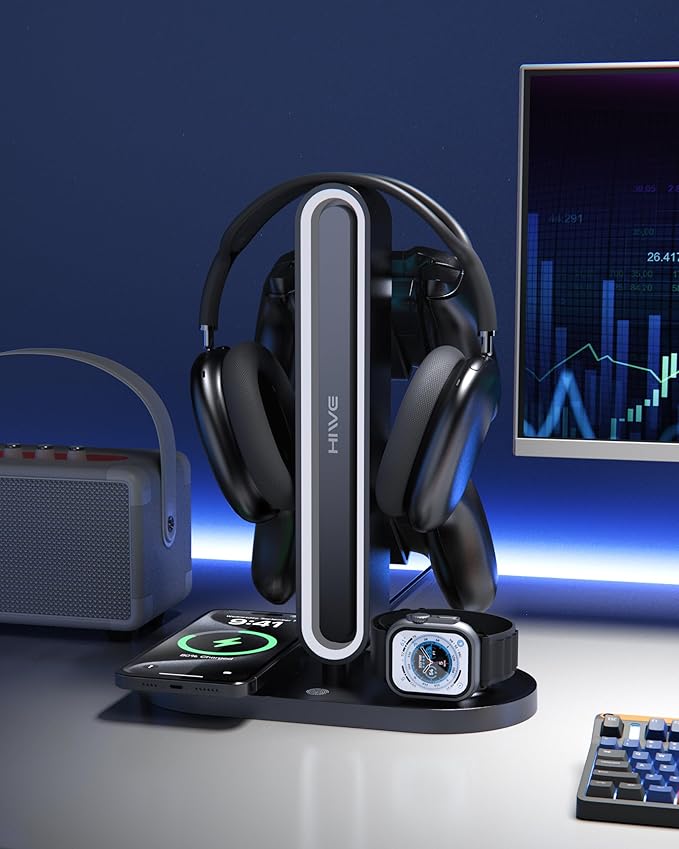 HiWe Universal RGB Gaming Headphone Stand with 2 Controller Holder, Wireless Charger for iPhone/iWatch, Solid ABS, Non-Slip Base, with USB-A & USB-C Outputs, Adatper Included, Black