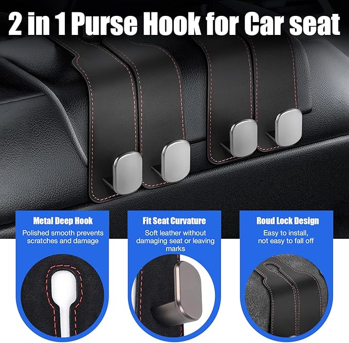 SeatHooker Leather Car Headrest Hangers, Car Headrest Hooks for Purse and Bags, 2-in-1 Leather Car Seat Back Storage Hook, Anti-Slip Purse Holder for Car, Supports Up to 50 lbs (Black-2 Pack)