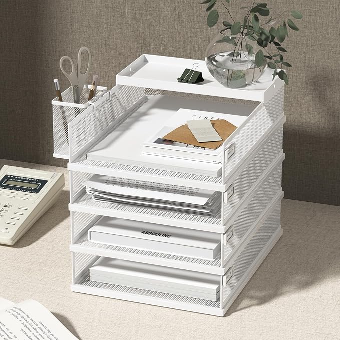 FANXIYQ Stackable Letter Trays, 4 Tier Metal Paper Tray & Desk Organizer, Stackable File Trays for Office & Home, Multi-Functional Document Tray with Fine Grid Design & Magnetic Labels,White