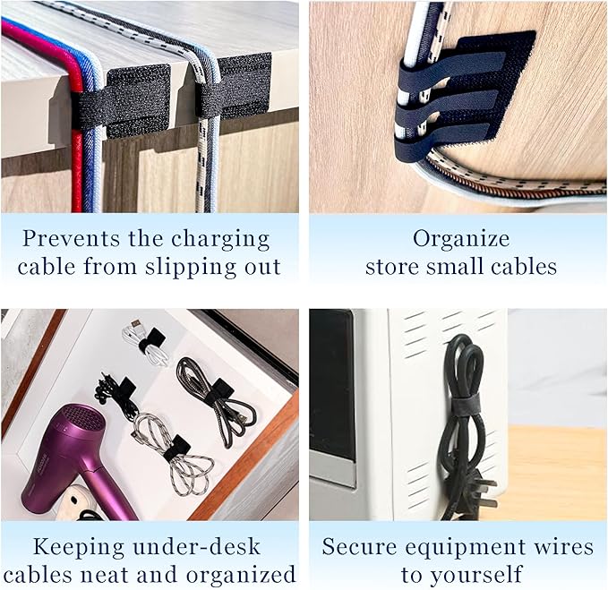 48Pcs Upgraded Under Desk Cable Management Ties - Self Adhesive Sticky Back Hook and Loop Straps, Cable Wire Organizers for Home Office