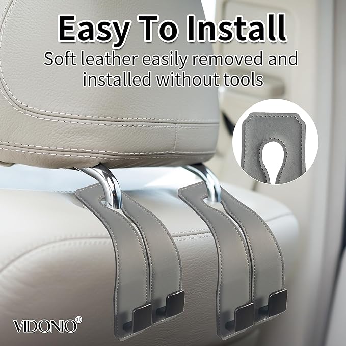 vidonio 2 Pack Double Car Seat Hooks for Headrest, Rotatable Purse Holder for Car, Premium Leather Car Hooks for Purses and Bags, Headrest Hooks and Storage Accessories (Grey)