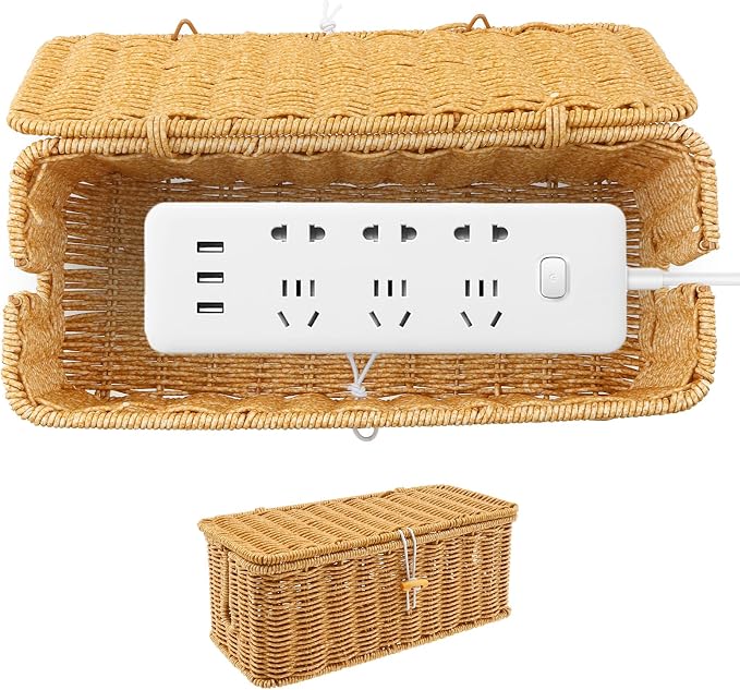 Cable Management Box with Lid, Handwoven Imitation Rattan Power Strip Hider Organizer for Computer Router USB Hub & Power Strip, Desktop Cord Organizer Box for Home Office DIY-Friendly Cord Management