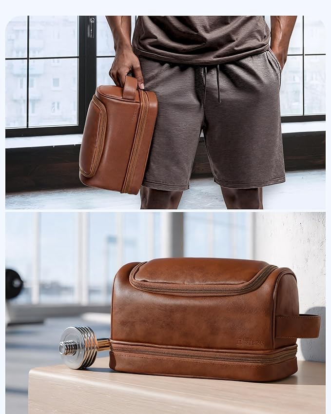 Elviros Toiletry Bag for Mens PU Leather Travel Organizer Kit with Hanging hook, Large Water-resistant Toiletries Bathroom Shaving Bags, Gift For Men (Brown)
