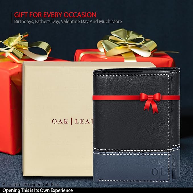 Real Leather Mens Trifold Wallet RFID Blocking Slim Minimalist Front Pocket - Thin & Stylish with ID Window in Gift Box