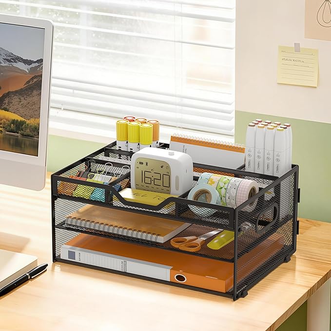 3-Tier Letter Paper Tray Desk Organizer, Black Desktop File Rack Holder with 3 Drop in Pencil Holder and Sliding Tray for Office Classroom and Home Supplies Organization Storage