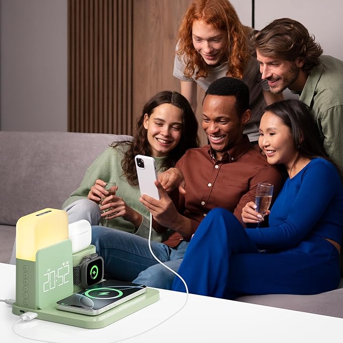 7 in 1 Charging Station for iPhone, Wireless Charging Station, Alarm Clock, Night Light, Wireless Charger for iPhone 17 16 15 14 13 12 Pro Max & Apple Watch - Charging Stand Dock for AirPods(Green)