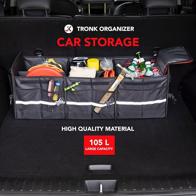 J&K Car Trunk Organizer for SUV,Truck,Van,Sedan- Multi-Compartment Foldable Car Organizer- Car Trunk Storage with Lid and Removable Leak-Proof Thermal Bag- Adjustable Straps (Large Size, Black)