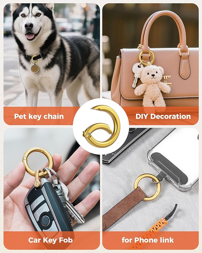 FEGVE Round Carabiner Keychain Clip,1.36 in Gold Spring O Key Rings Clip, Key Chain Quick Release Snap Hook for Women