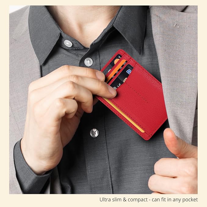 Oak Leathers Leather Slim Minimalist Wallet for Men & Women RFID Front Pocket Leather Card Holder Wallets (Nappa Red)