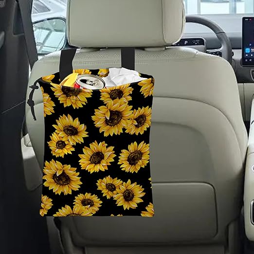 Car Trash Bag Sunflower Car Garbage Bag Hanging Car Trash Can for Back Seat with Drawstring