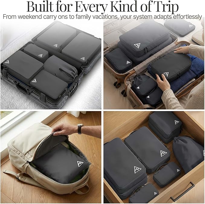 Well Traveled 8 pcs Compression Packing Bags Cubes Set with HybridMax Double-Capacity Design - Packing Cubes for Travel Compression to Maximize Limited Luggage Space, Grey