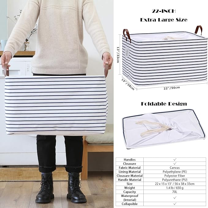 Hinwo 70L Extra Large Storage Bins, 2-Pack Closet Organizers and Storage, Foldable Clothes Storage Baskets with Handles, Containers for Clothing, Blanket, Comforters, Toys, Bedding (Navy Stripe)