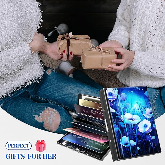 RFID Blocking Credit Card Holder - Slim Metal Wallet for Women & Men,Purple Flowers Design Stainless Steel Business Card Case,Compact Pocket Organizer for Travel & Daily Use