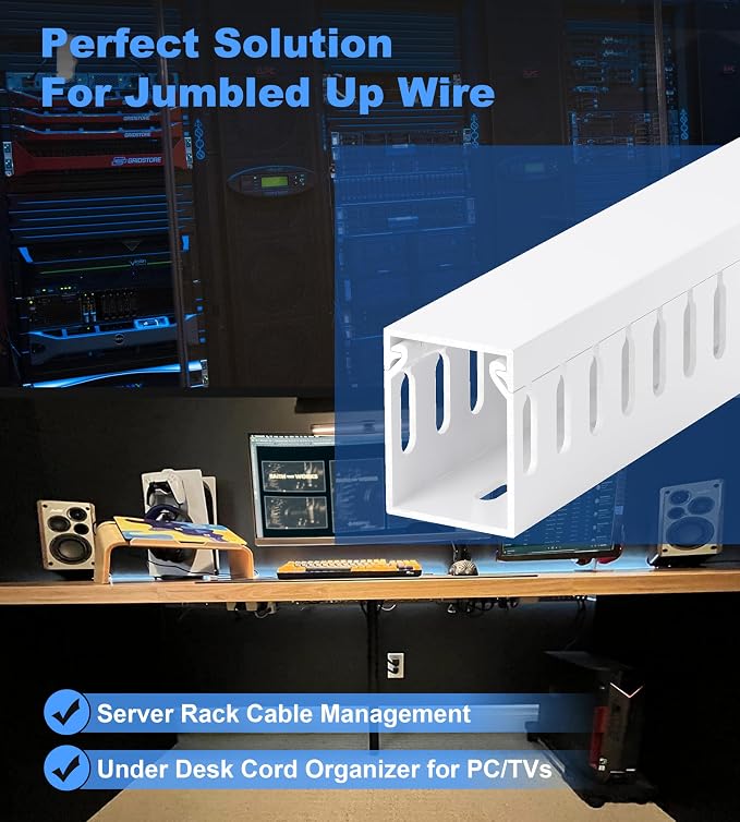 ZhiYo H1.6in W1.2in Professional Server Rack Cable Management Raceway, 6ft (2 x L3ft) Cable Raceway Kit, Electrically Safe PVC Open Slot Wire Raceway for Under Desk/Computer/Network Cords, White