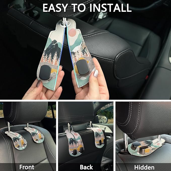Blusabaca 2PCS Car Seat Back Storage Headrest Hooks, Sunrise Purse Holder Bags Hanger, PU Leather Double Metal Hook for Backseat Organizer, Women Car Accessories Organization
