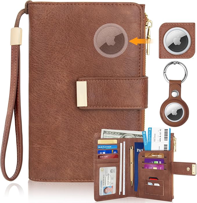 HUANLANG Passport Holder with Airtag for Women/Men, Airtag Passport Wallet for Travel Leather Passport Holder RFID Blocking,Travel Passport Walelt with Credit Card Holder