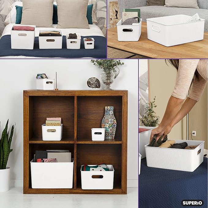 Superio Ribbed Collection - Decorative Plastic Basket Lidded Home Storage Bins Organizer, Large White (2 Pack - 15 Liter) Stackable Container Box, for Organizing Closet Storage Bins for Shelves