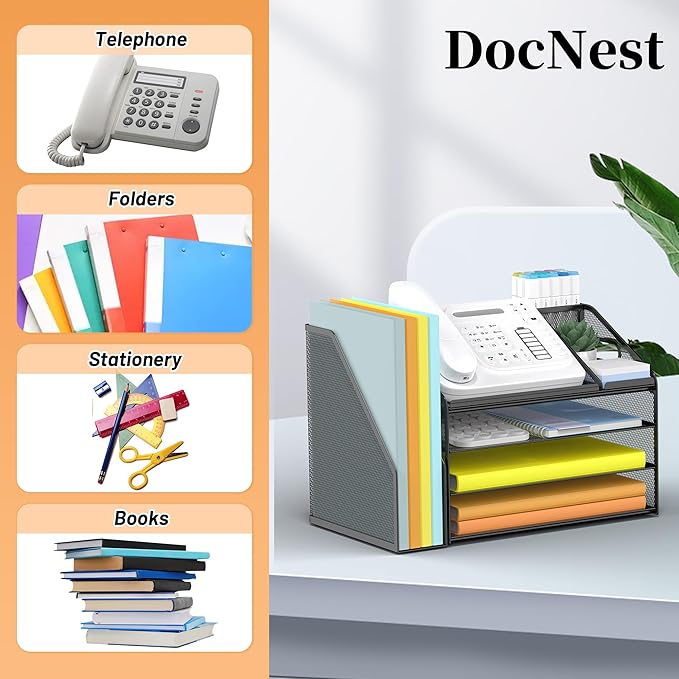 DocNest 4 Tier Paper Letter Tray File Organizer, Mesh Desk File with Handle, Workspace Desk Organizers with Pen Holder, Office Organization Storage Accessories - Black