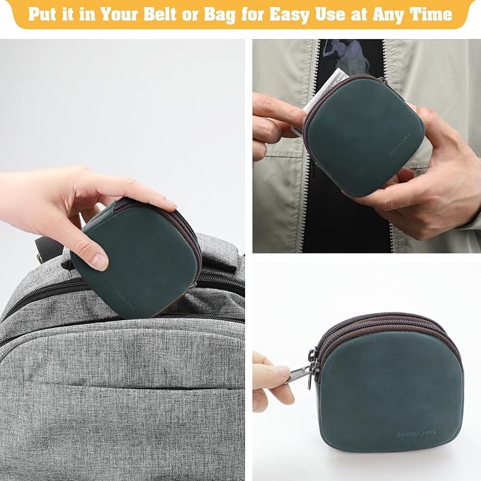 Jack&Chris Coin Purse for Men, Genuine Leather Mini Coin Wallet Zipper Pocket with Back Belt Loop, Coin Bag for Men, Blue