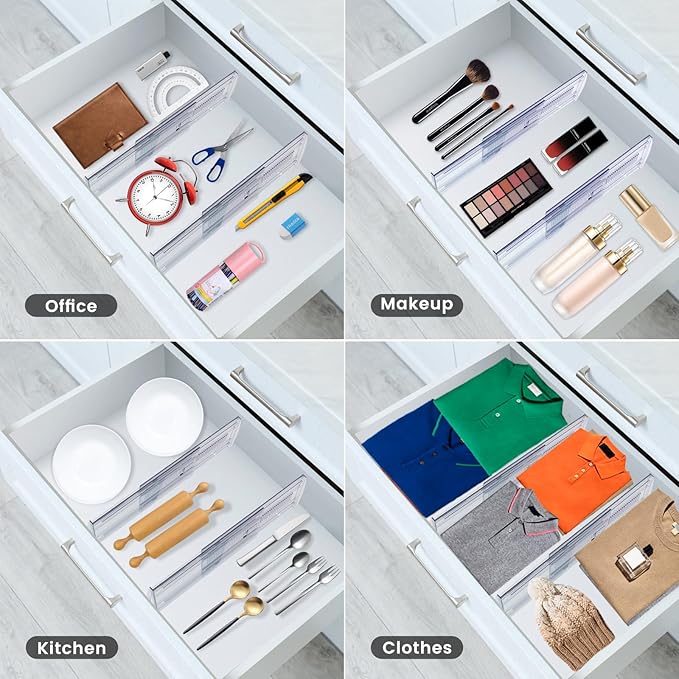 8 Pack Adjustable Drawer Dividers for Clothes,5" High Expandable From 13-21" Clear Drawer Organizers, PC Plastic Separators for Dresser/Bedroom/Bathroom/Kitchen/Office Storage
