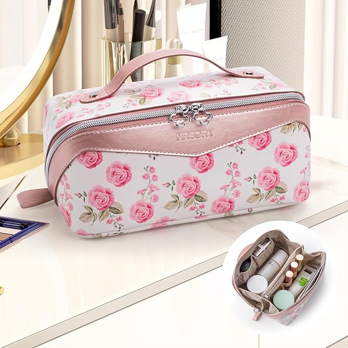 Mrsdry Travel Makeup Bag,Large-capacity waterproof cosmetic bag,Travel bags and toiletries bags for women,PU leather material,Multi-zone and large opening design (Rose Gold flower)